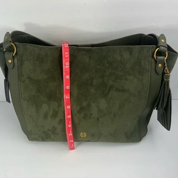 HOUSE OF HARLOW 1960 LUX TOTE, FAUX SUEDE OLIVE GREEN COLOR WITH A BACK POCKET